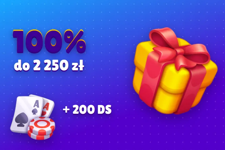 Casino Robocat: bonus 100% do 2 250 zł Casino Robocat bonus – prezent z kokardą i napis 100% do 2 250 zł + 200 DS