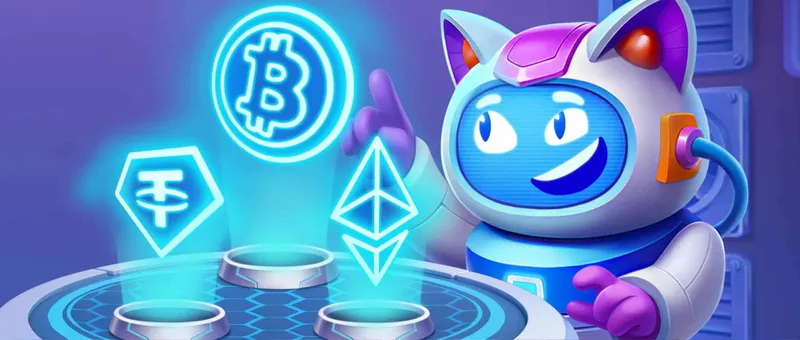 Płatności w kasyno Robocat Polska Kasyno Robocat Polska – robot Robocat przy hologramach Bitcoin, Tether i Ethereum, grafika płatności