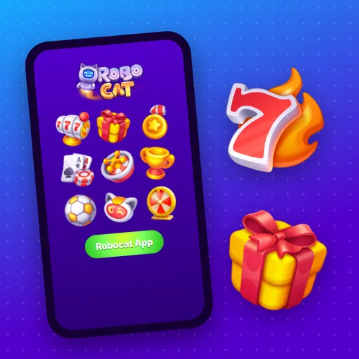 Instalacja Robocat casino app Robocat casino app – ilustracja telefonu z logo Robocat i ikonami gier, obok siódemka i prezent