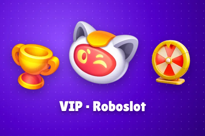 VIP i Roboslot w Robocat kasyno Robocat kasyno – ikona poziomów VIP, puchar i koło fortuny z napisem VIP · Roboslot